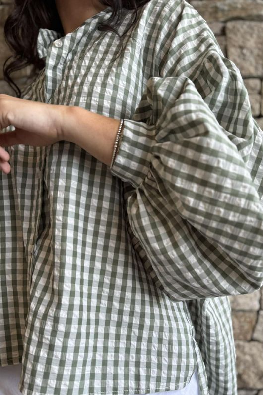 Ginny Gingham Balloon Sleeve Blouse Khaki